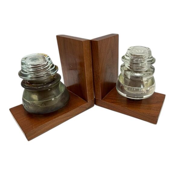 Clear Glass Insulator On Wood Bookends Very Heavy READ Vtg Lineman Electrician - Picture 1 of 14